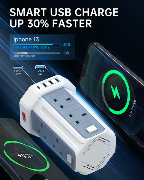 Tower Extension Lead, (3250W 13A) Extension Tower 8 AC Outlets & 4 USB Ports, Surge Protection Extension Lead with 4 Independent Switch, 17W USB C Ports Extension Cable 3M for Office, Home, Kitchen
