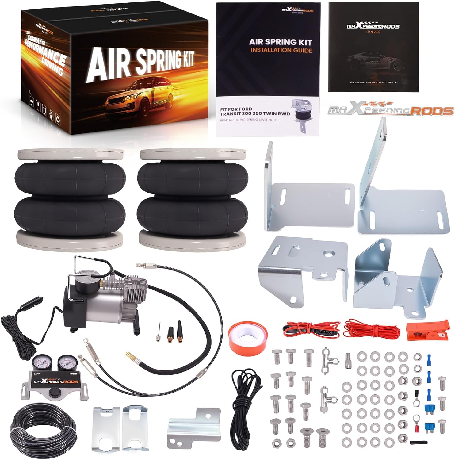 maXpeedingrods Air Suspension Kit for Ford Transit 2001 Onwards RWD Twin Wheel – 4000kg Load, 12V Compressor, 2x Air Springs, Fits Panel Van/Tipper/Motorhome/Camper