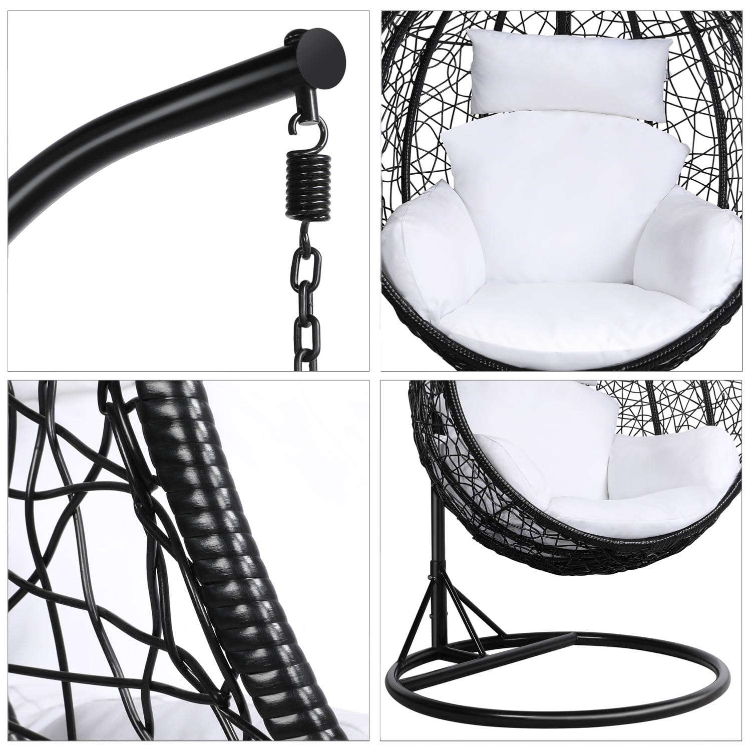 Yaheetech Garden Egg Swing Chair, Patio Swing Chair Outdoor Hanging Hammock with Stand Indoor Rattan Chair with Cushion and Cover, Black