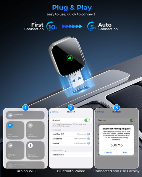 TKHIN CarPlay Wireless for iPhone - Car Play Wireless Dongle for Factory Wired CarPlay to Wireless 5GHz WiFi Car Connection for Cars After 2016 (Only for iPhone)