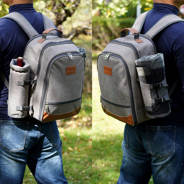 HappyPicnic Insulated Picnic Backpack for 4 Persons with Full Set of Tablewares, Roomy Cooler Compartment, Bottle Holders and Large Waterproof Picnic