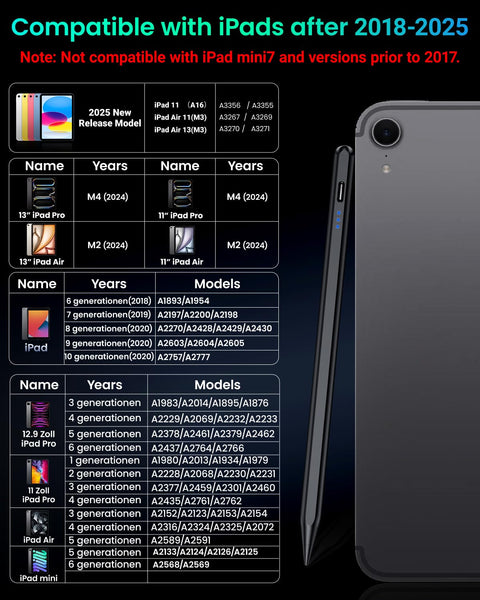 Variglas Pencil for iPad - 2018-2025 15 Minutes Fast Charging, Palm Rejection,Tilt Sensitivity, Stylus Pen Compatible with iPad Pro 11"/12.9"/13", 11/10/9/8/7/6th Gen, Air 3-6, Mini 5/6