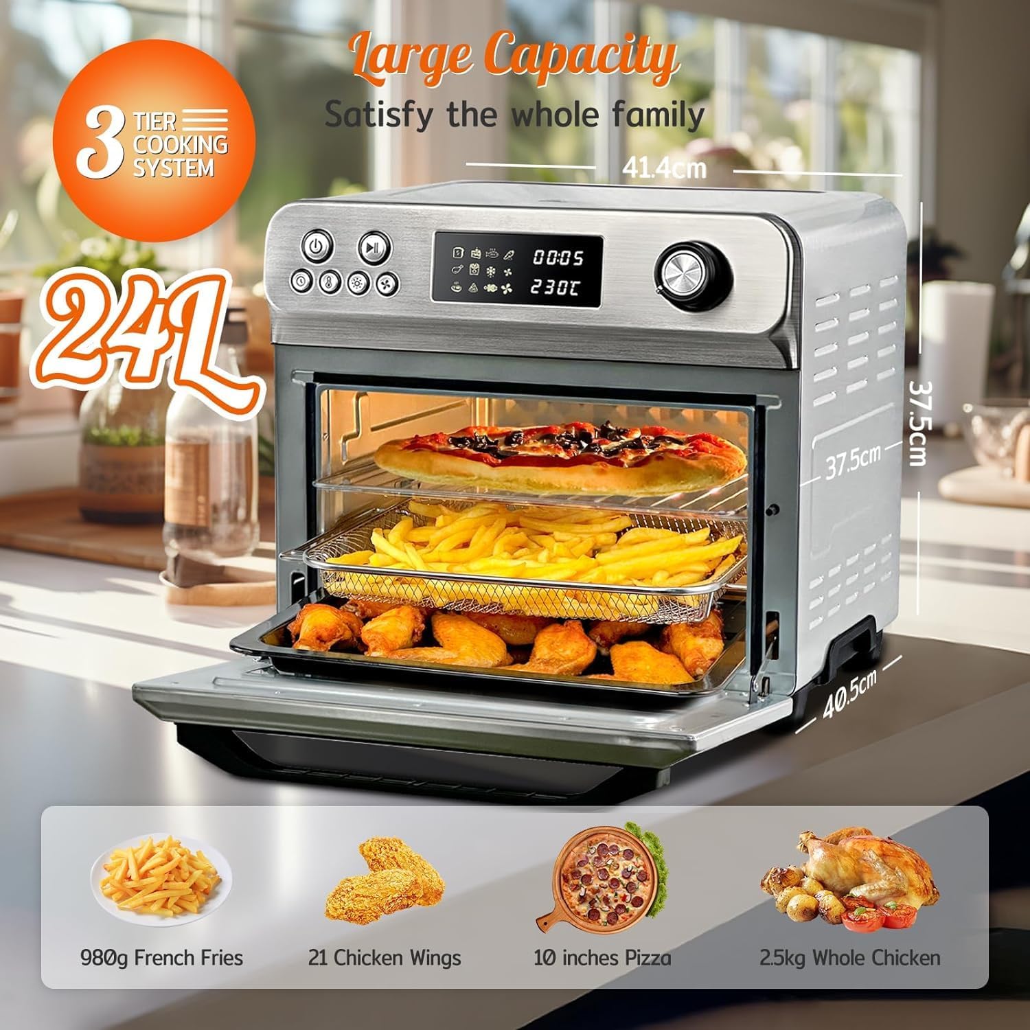HYSapientia® 24L Air Fryer Oven With Rotisserie Large XXL Digital Knob 1800W 10 in 1 airfryer Countertop Convection Mini Toaster Oven electric and grill, Stainless steel inner, Full Accessory Set