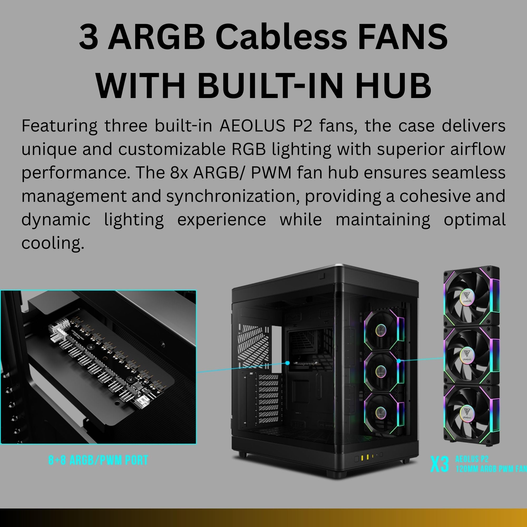 GAMDIAS PC Case, ATX Gaming Mid Tower, No-Hub, Real-time Monitor, Seamless Tempered Glass, Pre-install 3 x 120 mm ARGB PWM Fans, Side Vents Perforated, Black