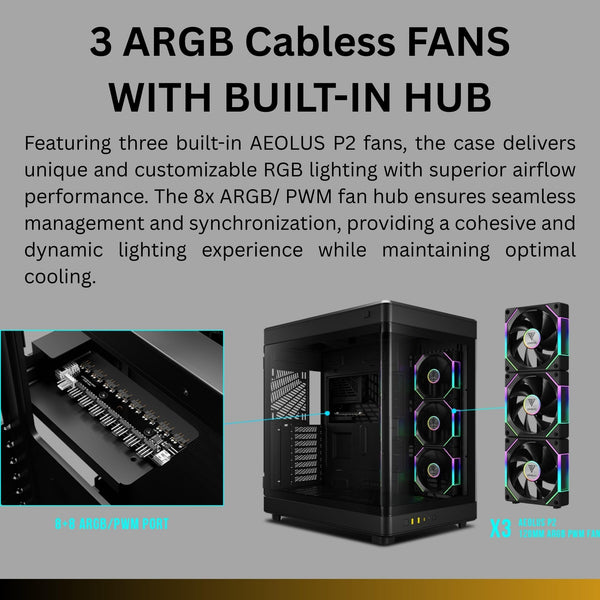 GAMDIAS PC Case, ATX Gaming Mid Tower, No-Hub, Real-time Monitor, Seamless Tempered Glass, Pre-install 3 x 120 mm ARGB PWM Fans, Side Vents Perforated, Black