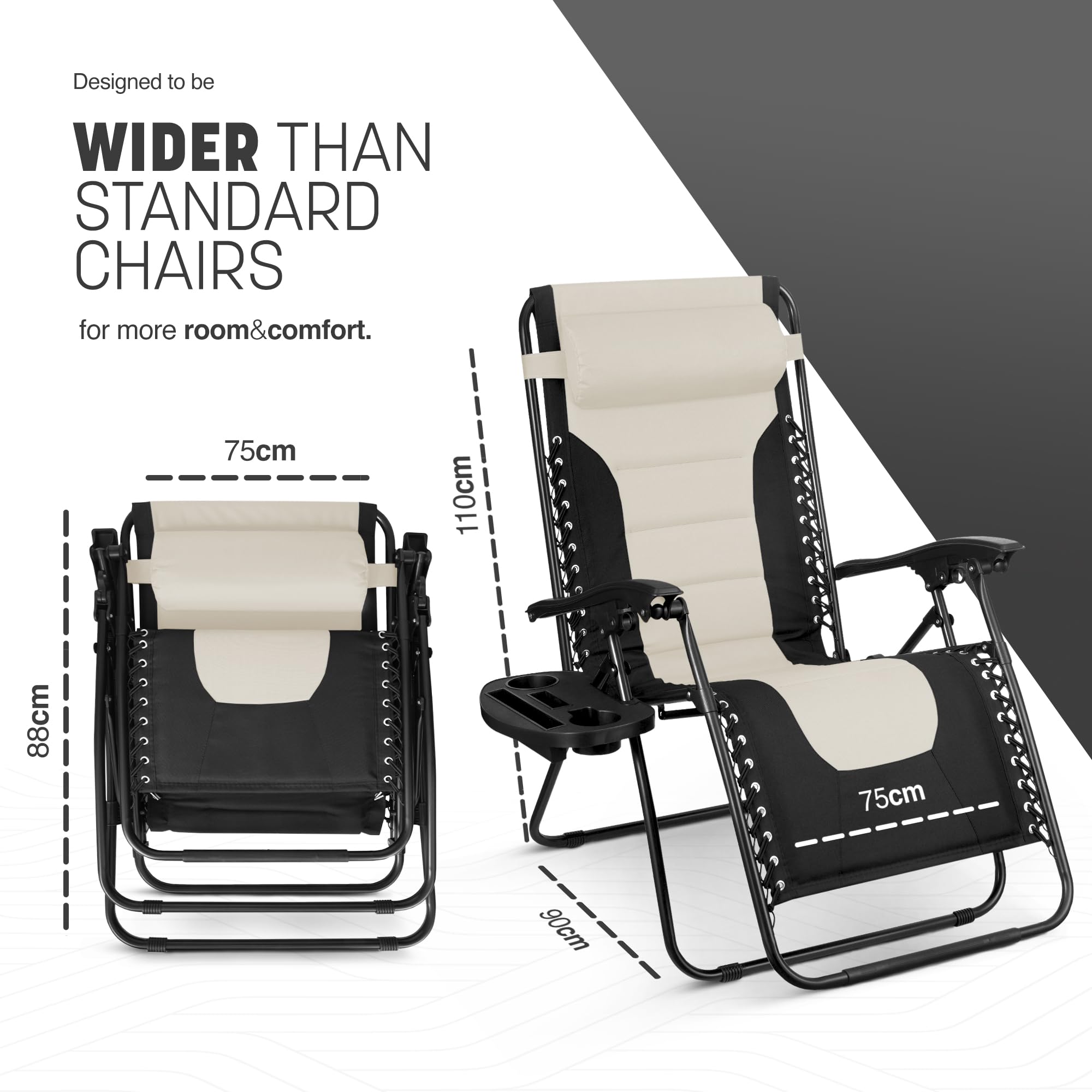 KEPLIN Set of 2 XXL Premium Heavy Duty Padded Zero Gravity Chairs - Luxurious Garden Recliners, Adjustable Headrest, Cup & Phone Holder, Foldable, Easy to Clean Patio Sun Loungers(Black)