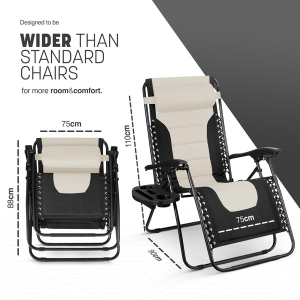 KEPLIN Set of 2 XXL Premium Heavy Duty Padded Zero Gravity Chairs - Luxurious Garden Recliners, Adjustable Headrest, Cup & Phone Holder, Foldable, Easy to Clean Patio Sun Loungers(Black)