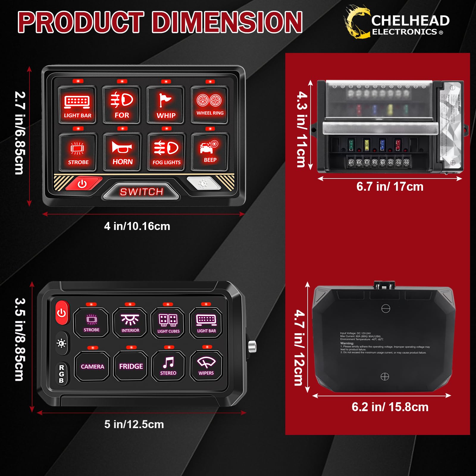 Chelhead 12V/24V Switch Control Panel RGB 6 Gang Dimmable Multi-Function Programmable Switch Panel Acc Battery Control Waterproof, Compatible with Truck Boat SUV RV Trailer Marine ATV UTV