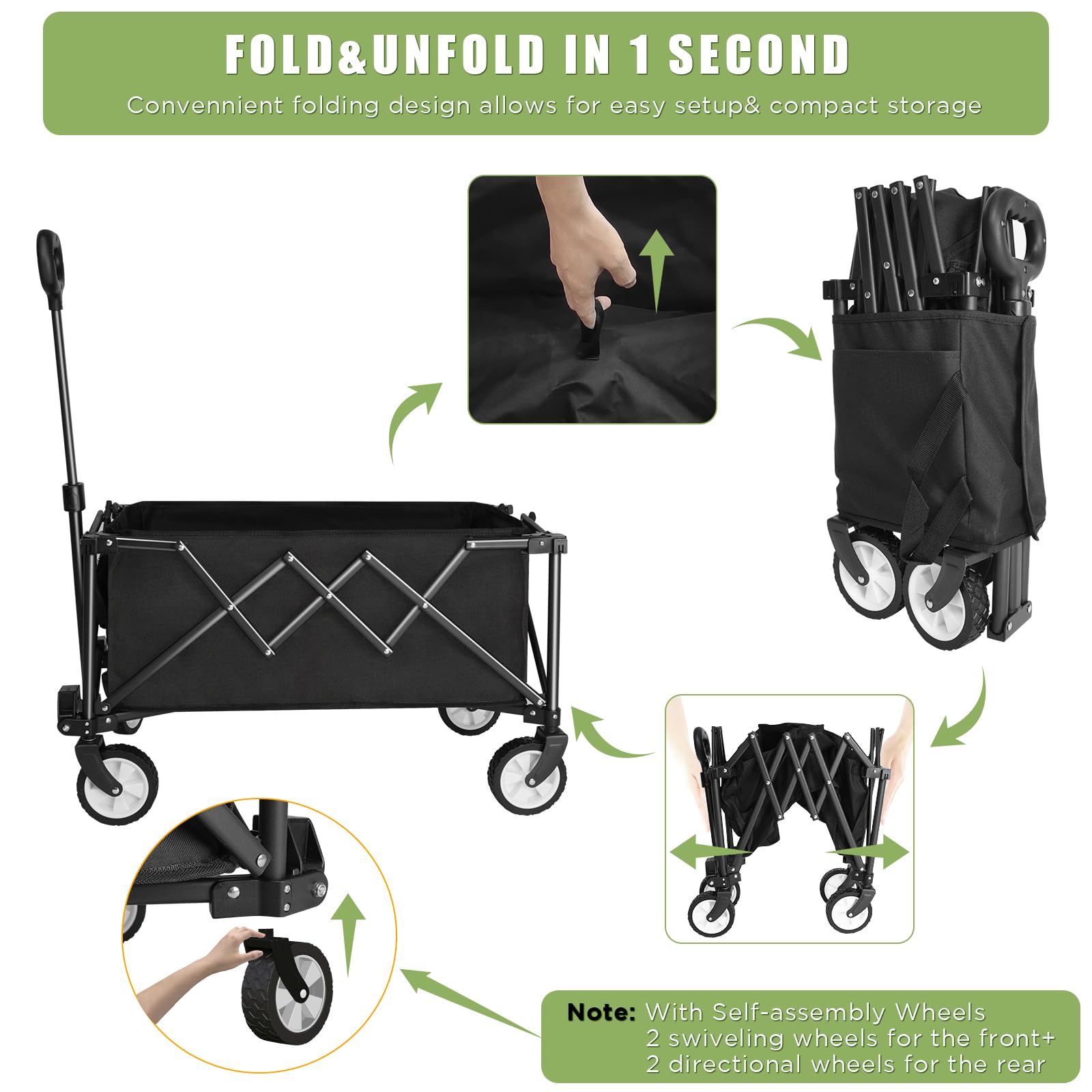 Foldable Cart on Wheels, Folding Wagon 220LBS/100kg Large Capacity All Terrain Wheels with Adjustable Handle & Cover Bag, Picnic Transporter for