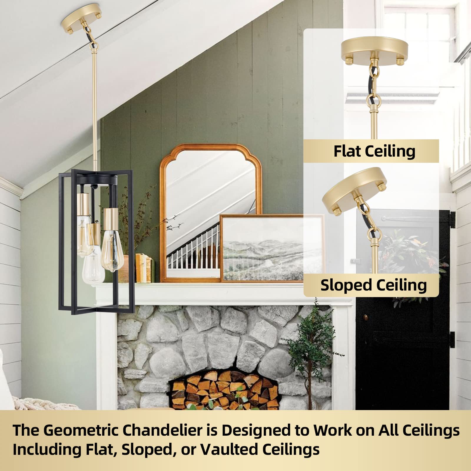 Industrial Farmhouse Pendant Lights,Rectangle 3-Light Modern Black and Golden Chandelier,Geometric Metal Cage Adjustable Rods Pendant Lighting Fixture