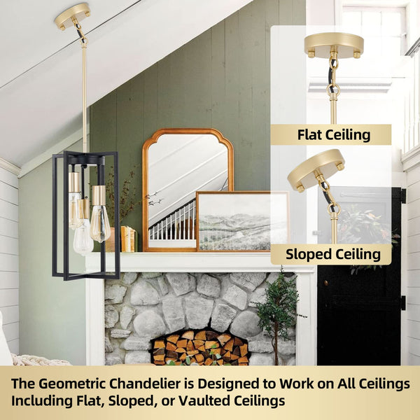 Industrial Farmhouse Pendant Lights,Rectangle 3-Light Modern Black and Golden Chandelier,Geometric Metal Cage Adjustable Rods Pendant Lighting Fixture