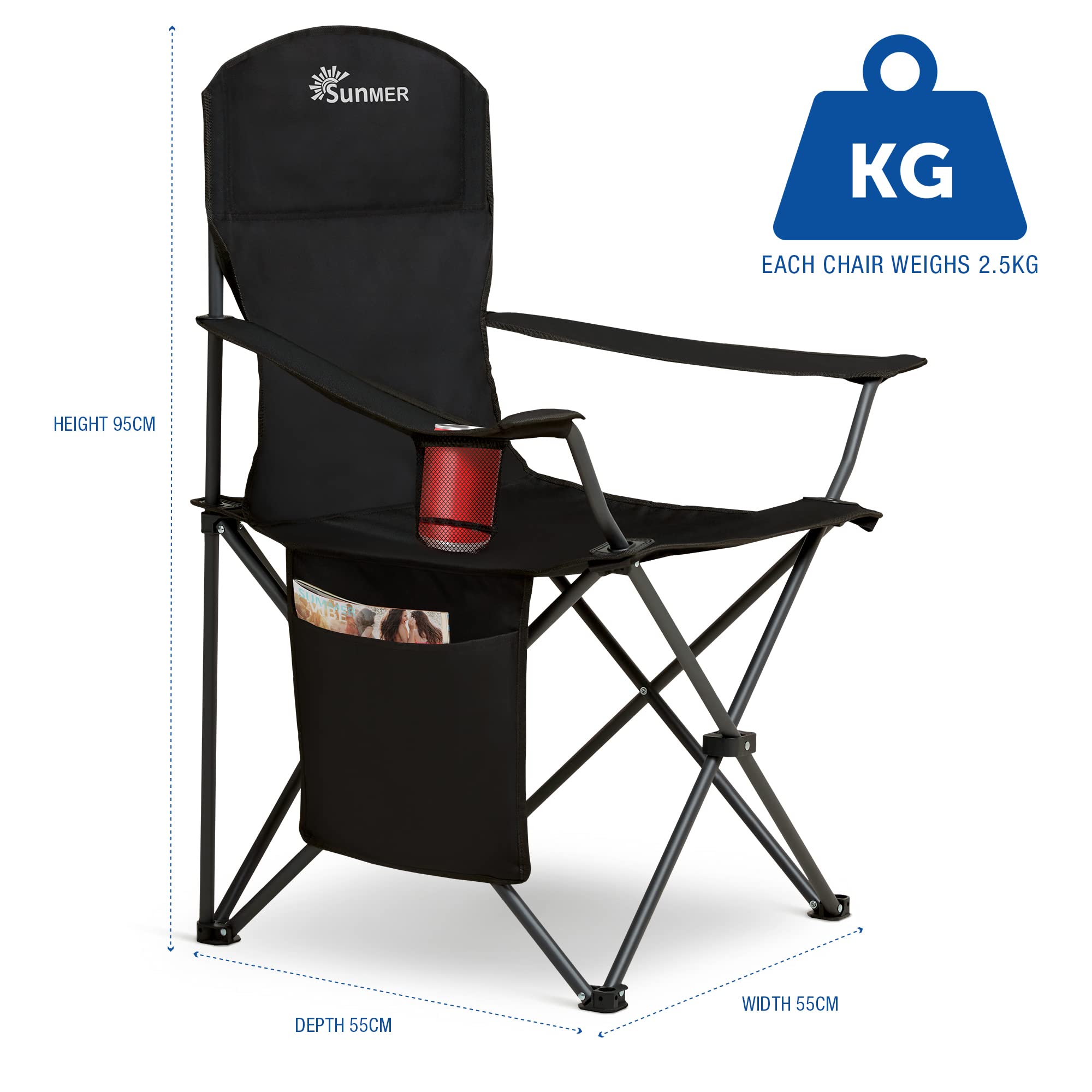 SUNMER Set of 2 Folding Camping Chairs, Extra-Wide Lightweight Outdoor Chairs with Armrests, Cup Holder and a Side Pocket, 120kg Capacity per Chair - Black