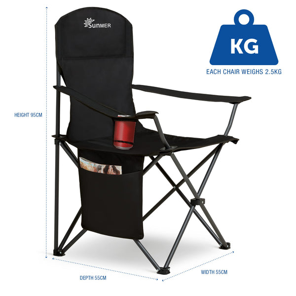 SUNMER Set of 2 Folding Camping Chairs, Extra-Wide Lightweight Outdoor Chairs with Armrests, Cup Holder and a Side Pocket, 120kg Capacity per Chair - Black