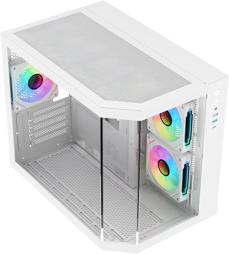 IONZ APEX Vision - PC Gaming Case, M/ATX Mini Tower, Dual Chamber with 6 ARGB PWM Fans - LCD Screen | Supports 240 mm AIO, White