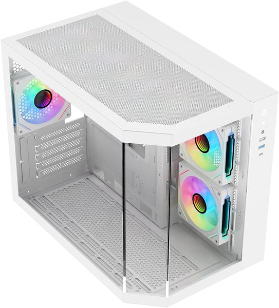 IONZ APEX Vision - PC Gaming Case, M/ATX Mini Tower, Dual Chamber with 6 ARGB PWM Fans - LCD Screen | Supports 240 mm AIO, White