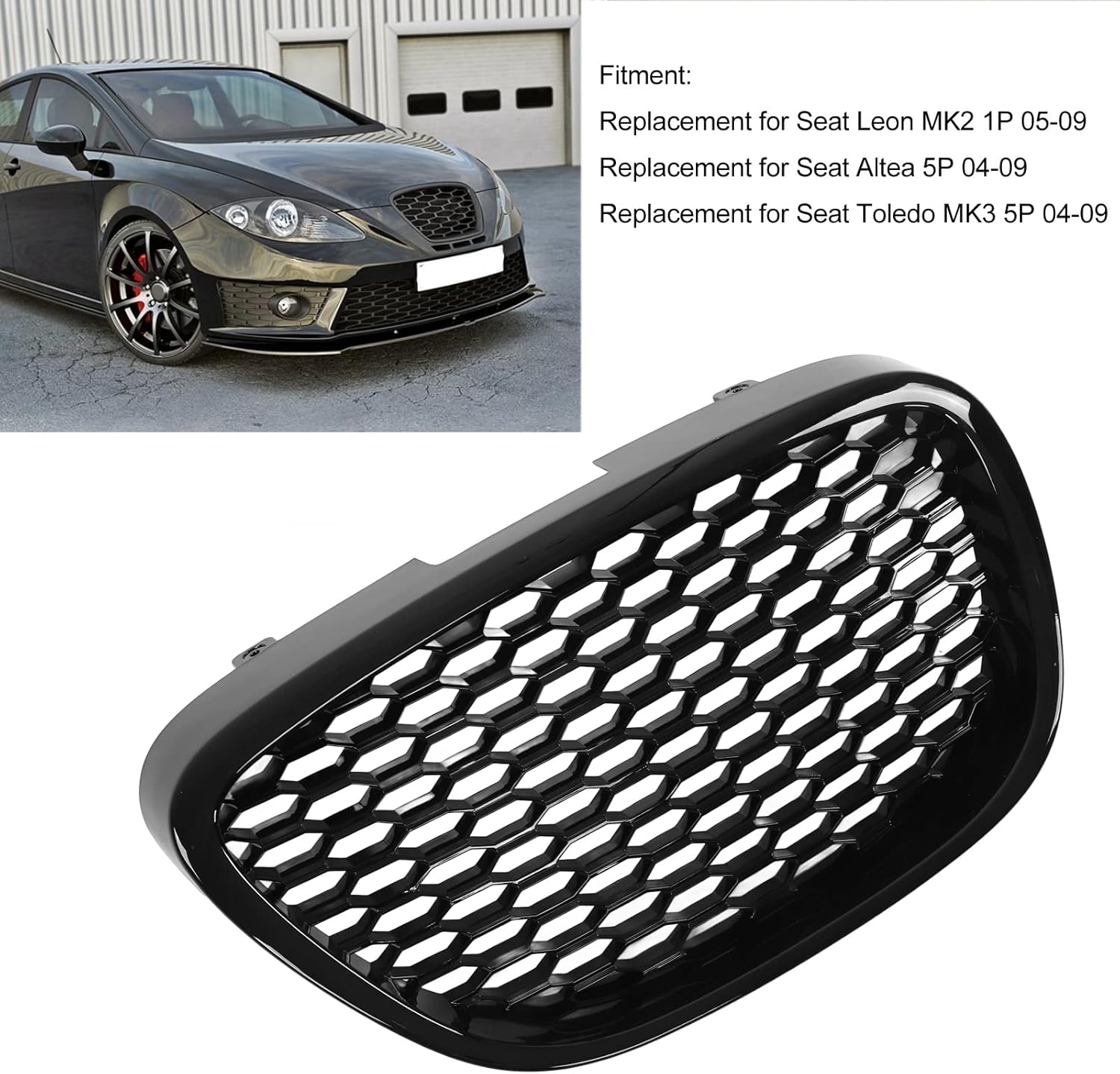 Glossy Black Heatproof Bumper Mesh Grill Replacement with UV Resistant Coating, Easy Bolt Installation for Seat Leon Altea Toledo, OE Number 1133007