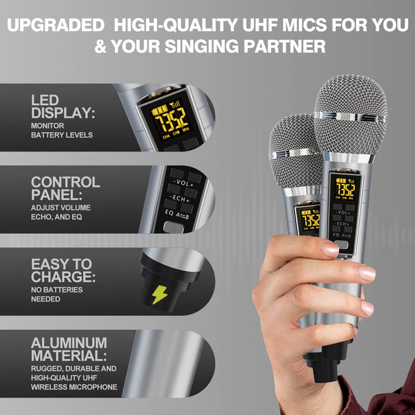 Upgrade Karaoke Machine for Adults and Kids,Portable Bluetooth 2 UHF Wireless Karaoke Microphone with Holder/USB/TF Card/AUX-in,PA Speaker System for Home Party, Picnic,Car,Outdoor/Indoor-Grey
