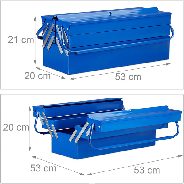 Relaxdays Empty Tool Box, 5 Compartments, With Handle, Metal, Lockable, Toolbox, HWD 21 x 53 x 20 cm, Blue