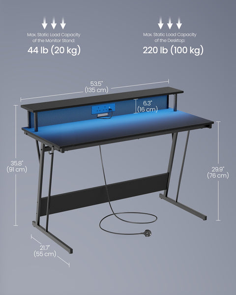 VASAGLE Gaming Desk with LED Lights and Built-In Power Outlets, Computer Desk with Monitor Shelf, Gaming Table for 2 Monitors, Office Desk, for Bedroom, 60 x 120 x 76 cm, Carbon Black LWD292B02