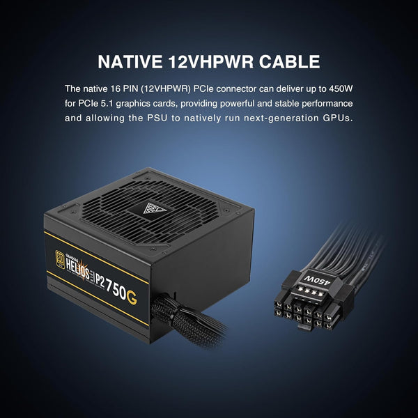 GAMDIAS HELIOS P2-750G Low-Noise ATX PC Power Supply, 80 PLUS Gold Non-Modular Computer PSU, ATX 3.1 & PCIe Gen 5.1 Ready, Native 12VHPWR Cable, Full DC-DC, LLC Resonant Circuit Design, Black