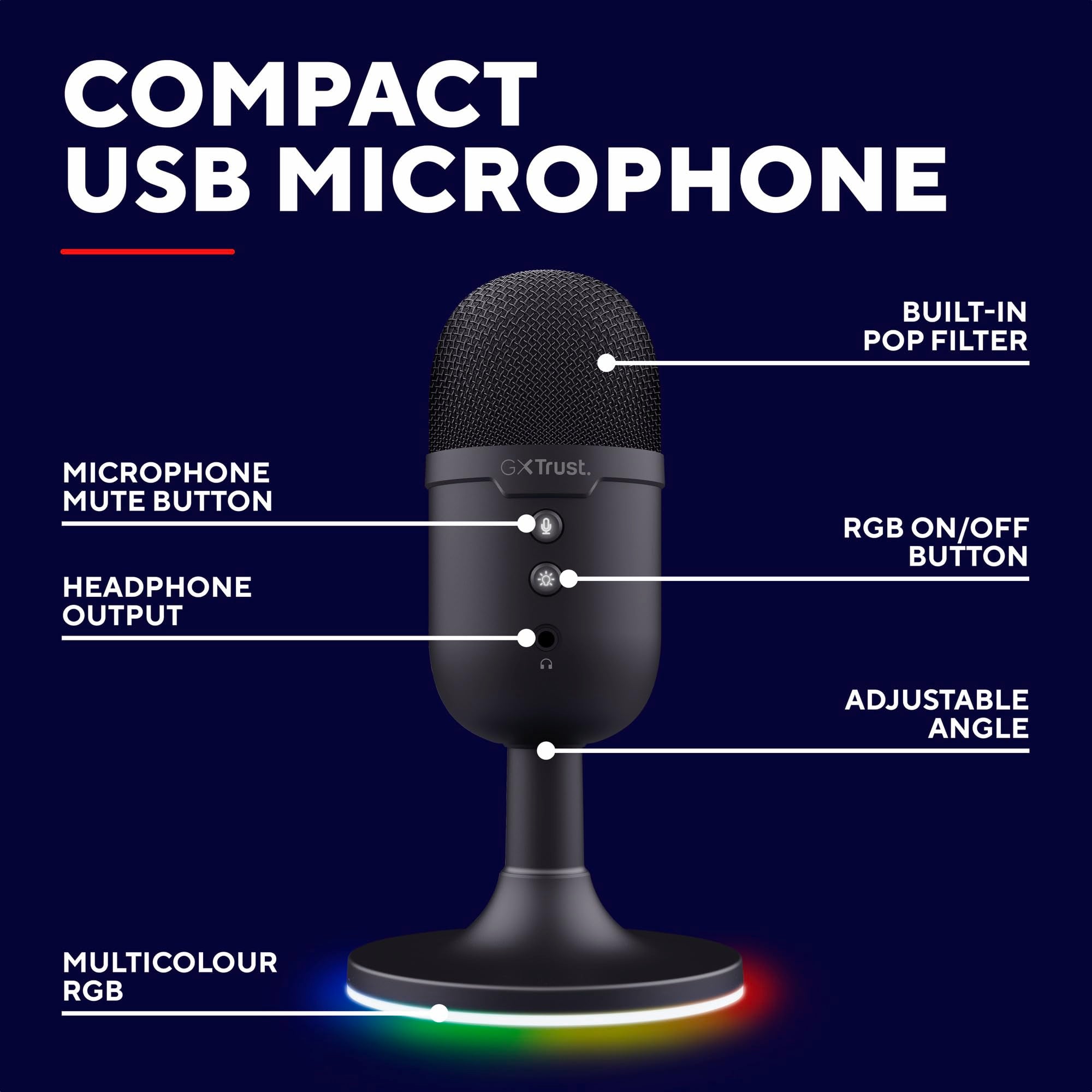 Trust Gaming GXT 236 Yami USB Condenser Streaming Microphone for Podcast, Twitch, Discord, ASMR, Youtube, Playstation 5, Gaming Mic with Cardioid Recording Pattern, Mute Button, RGB Light - Black