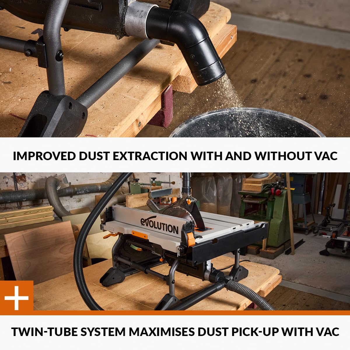 Evolution Power Tools R255TBLX+ Table Saw With Stand (Next Gen Rage 5-S) Multi-Material Cutting Blade Included Cuts Wood Metal Plastic, 45˚ Bevel, +/- 60˚ Mitre Angle, 85mm Cut Depth, 1800w Motor 240v