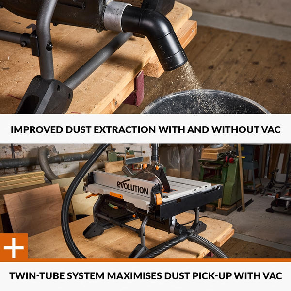 Evolution Power Tools R255TBLX+ Table Saw With Stand (Next Gen Rage 5-S) Multi-Material Cutting Blade Included Cuts Wood Metal Plastic, 45˚ Bevel, +/- 60˚ Mitre Angle, 85mm Cut Depth, 1800w Motor 240v