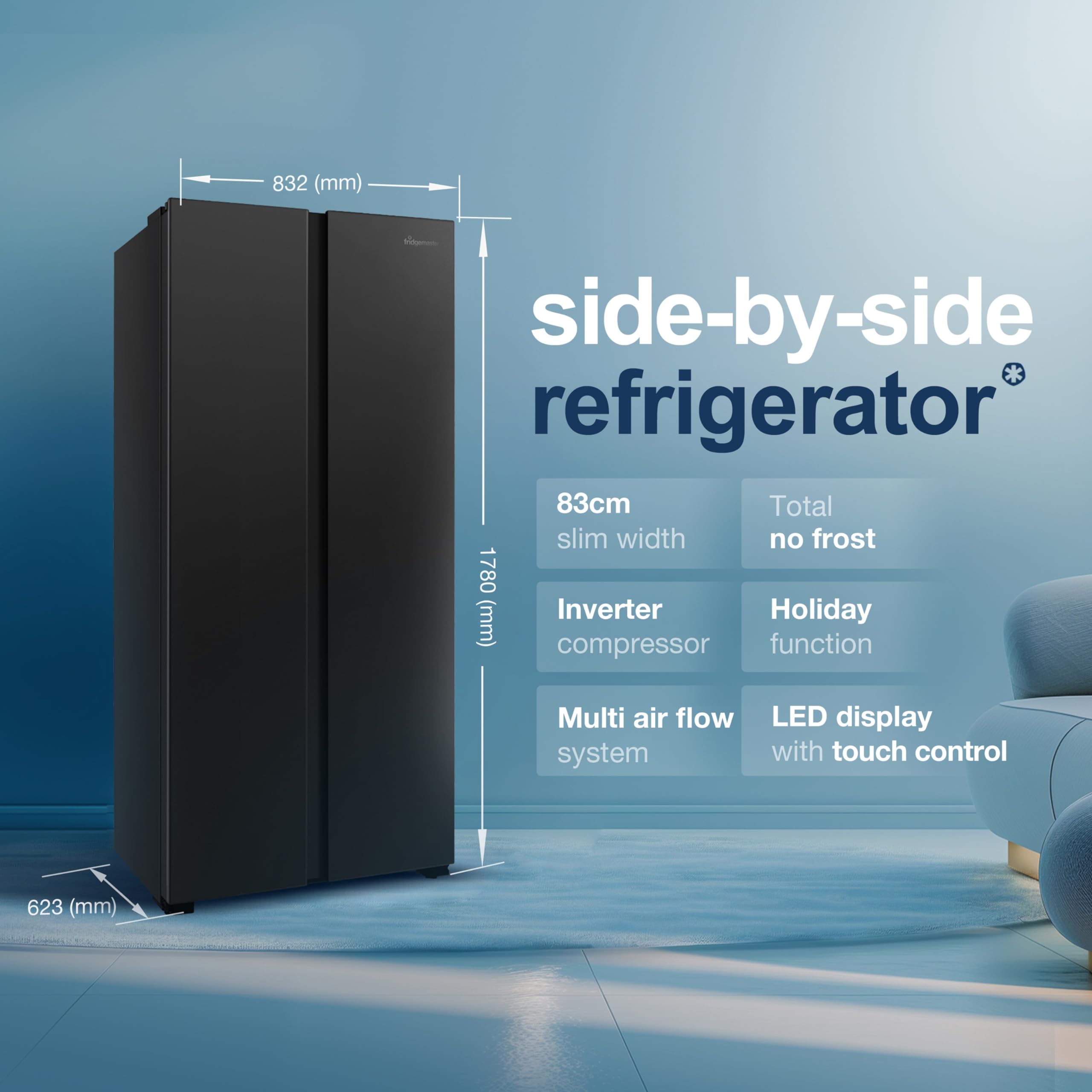 Fridgemaster MS83430EB Freestanding Slim American Side by side Door Fridge Freezer 441L, Total No Frost, Inverter compressor, Black, 83.2x178.0cm, Energy Rating E