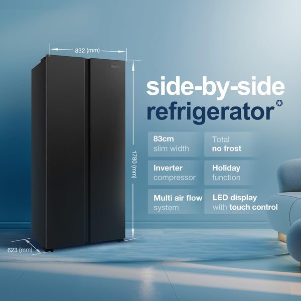 Fridgemaster MS83430EB Freestanding Slim American Side by side Door Fridge Freezer 441L, Total No Frost, Inverter compressor, Black, 83.2x178.0cm, Energy Rating E