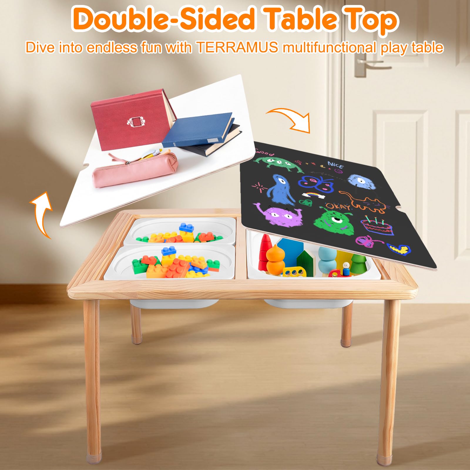 TERRASMUS Children's Tables, Multifunctional Sensory Table, Play Sand and Water Table with 3 Storage Bins, Kid's Desk for Art, Drawing, Studying and