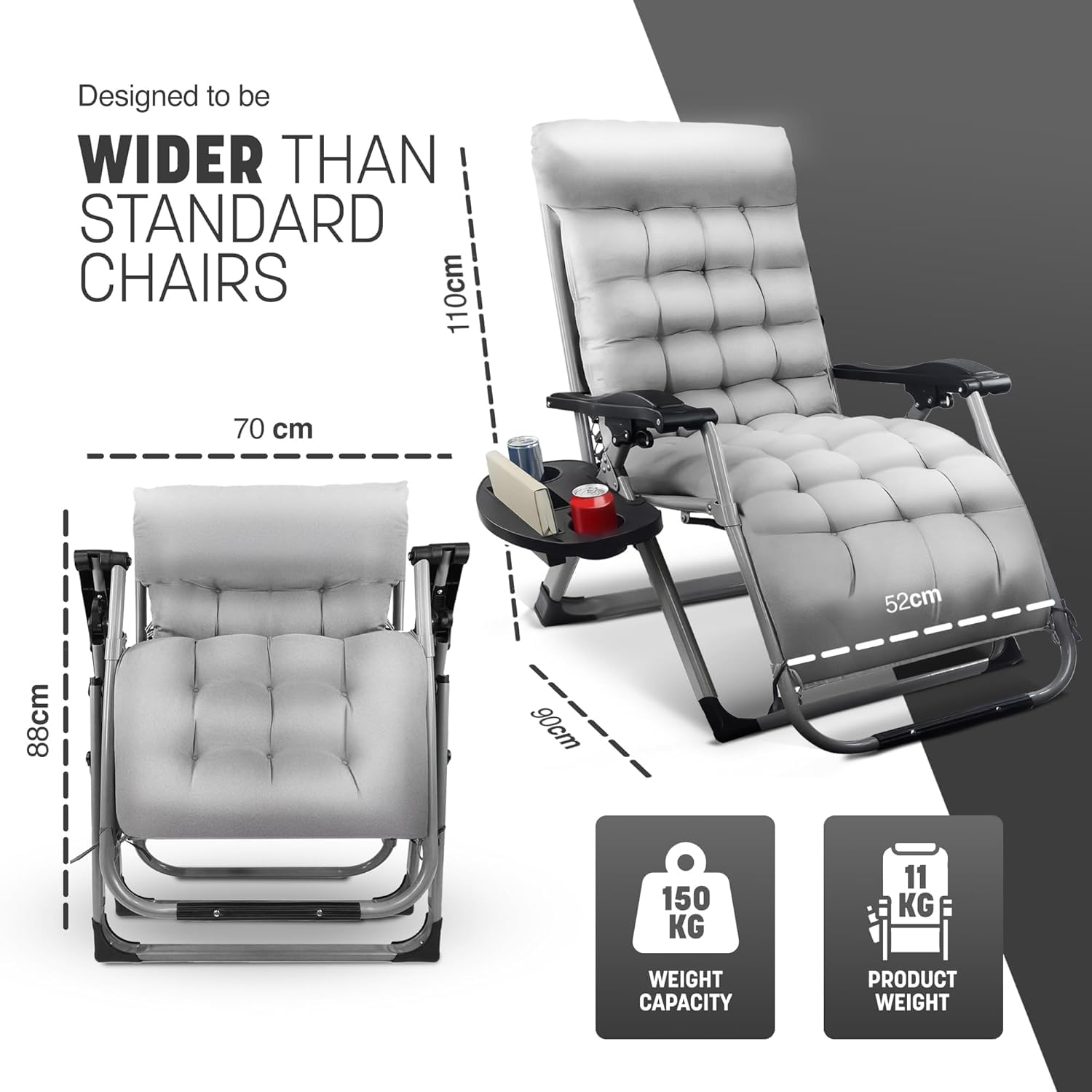 KEPLIN Square Tube Gravity Chair with Cushion – Extra-Wide 72cm Recliner, Adjustable Zero Gravity Lounger, Reinforced Frame, Supports 150kg, Premium Comfort for Indoor & Outdoor Relaxation – Black