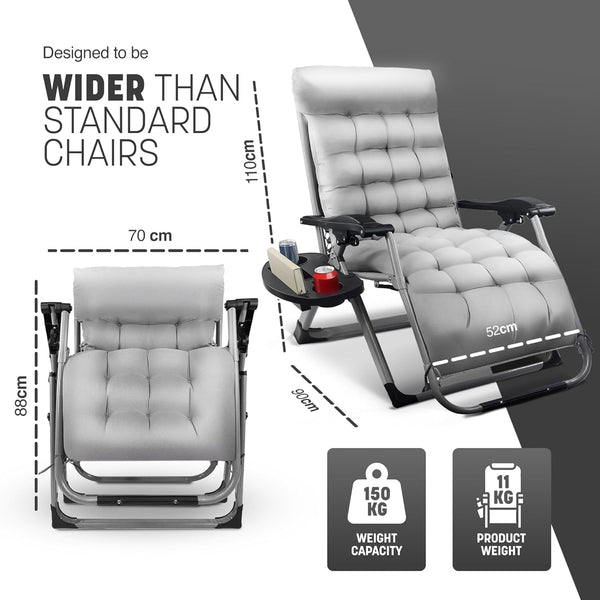 KEPLIN Square Tube Gravity Chair with Cushion – Extra-Wide 72cm Recliner, Adjustable Zero Gravity Lounger, Reinforced Frame, Supports 150kg, Premium Comfort for Indoor & Outdoor Relaxation – Black