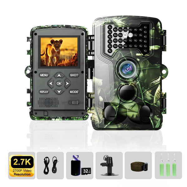 Wildlife Camera 2.7K Trail Camera 58MP with 960nm IR LEDs Night Vision Motion Activated Hunting Camera IP66 Waterproof 0.2s Trigger Time Game Camera for Wildlife Monitoring with 32GB Card&Card Reader