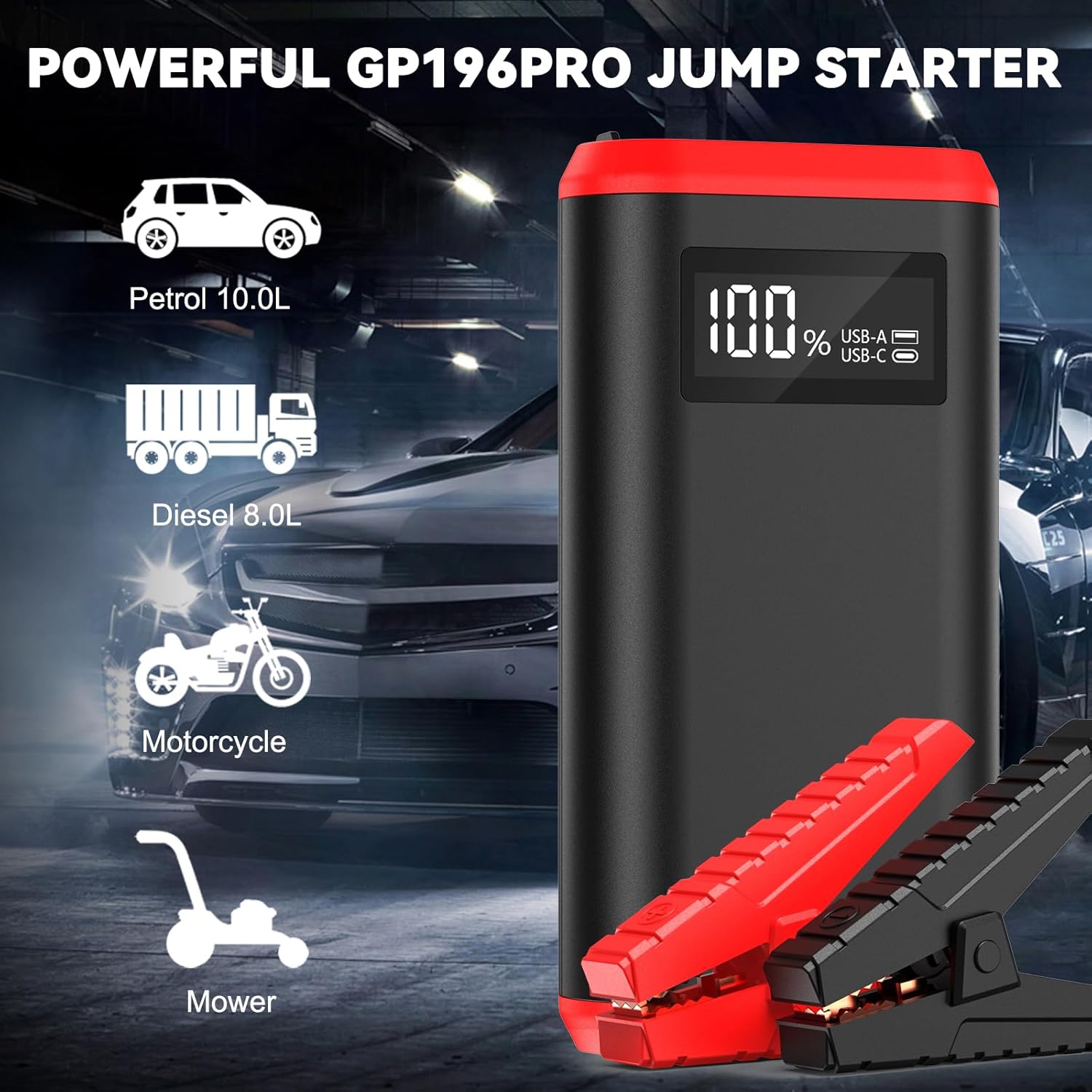 GREPRO Jump Starter Power Pack (up to 10.0L Gas, 8.0L Diesel), 3000A Car Battery Booster Jump Starter and Jump Pack for 12V Vehicles, Motorcycle, Jump Starter with LCD Screen and LED Flashlight Red