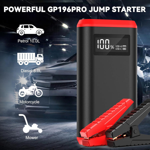 GREPRO Jump Starter Power Pack (up to 10.0L Gas, 8.0L Diesel), 3000A Car Battery Booster Jump Starter and Jump Pack for 12V Vehicles, Motorcycle, Jump Starter with LCD Screen and LED Flashlight Red