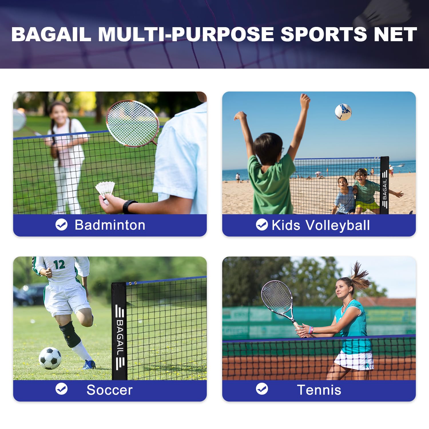BAGAIL Badminton Net, Foldable Nylon Net, Hieght Adjustable Stand and Portable Carry Bag, Easy to Assemble or Disassemble, Ideal Recreational Sports Net for Tennis, Kids Badminton or Volleyball