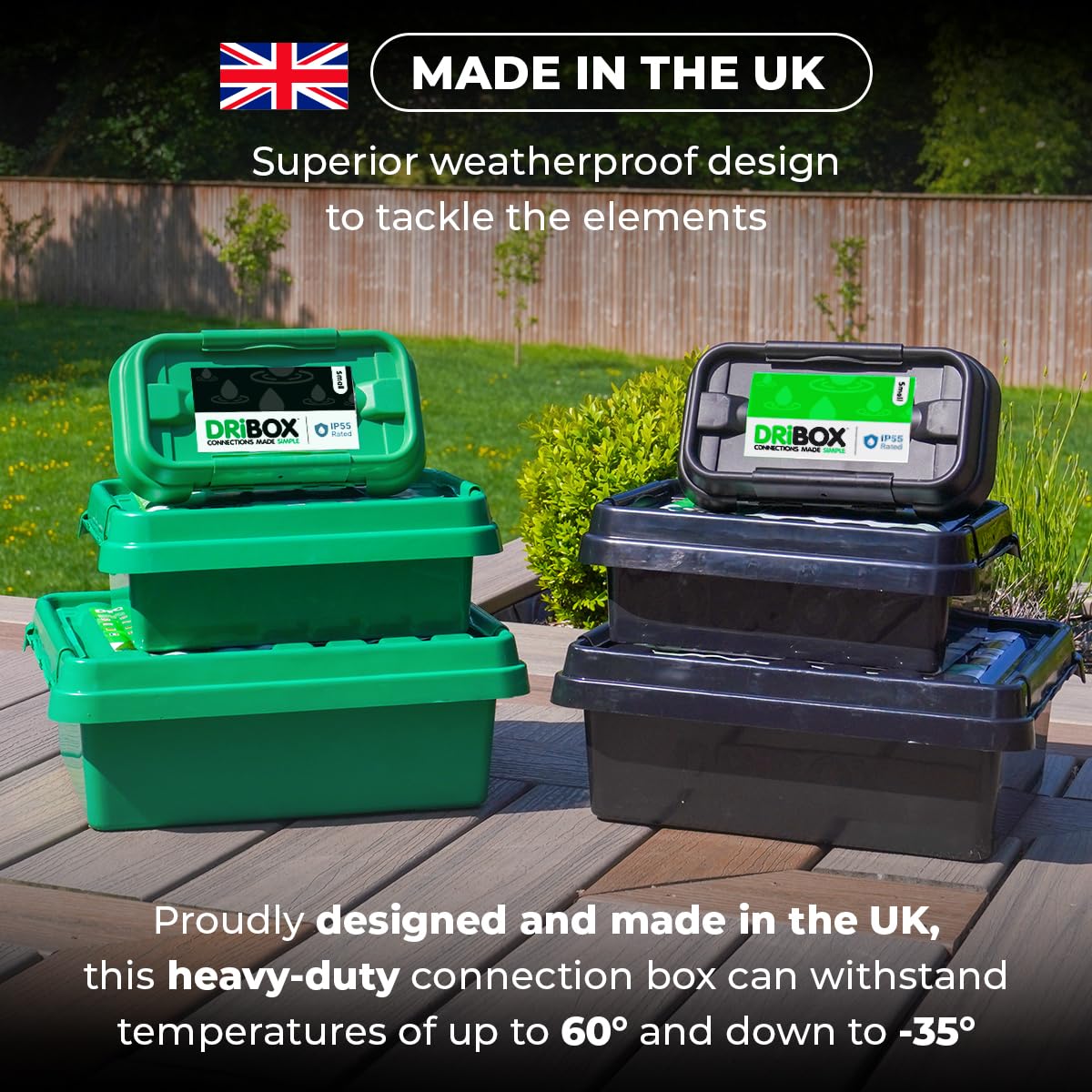 DRiBOX – Large IP55 Weatherproof Outdoor Electrical Connection Box 40 x 31 x 14.5cm – Power Cord Enclosure for Christmas Lights, Timers, Extension Cables, Leads, Reels, Transformers (Large, Black)