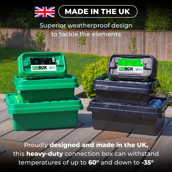DRiBOX – Large IP55 Weatherproof Outdoor Electrical Connection Box 40 x 31 x 14.5cm – Power Cord Enclosure for Christmas Lights, Timers, Extension Cables, Leads, Reels, Transformers (Large, Black)