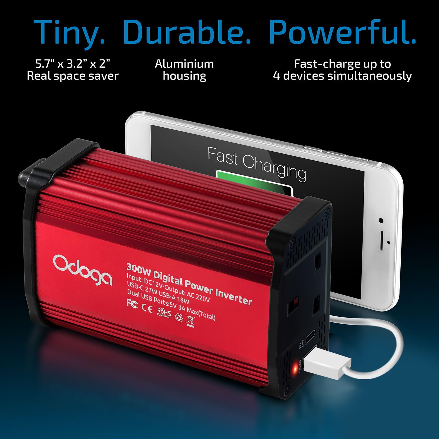 Odoga 300W Car Power Inverter 12V to 240V / 230V Converter, USB-A and USB-C 3A Charging Ports - Charge Your Laptop, iPad, iPhone, Tablet, Consoles & More - Durable and Powerful - Black Aluminum Body