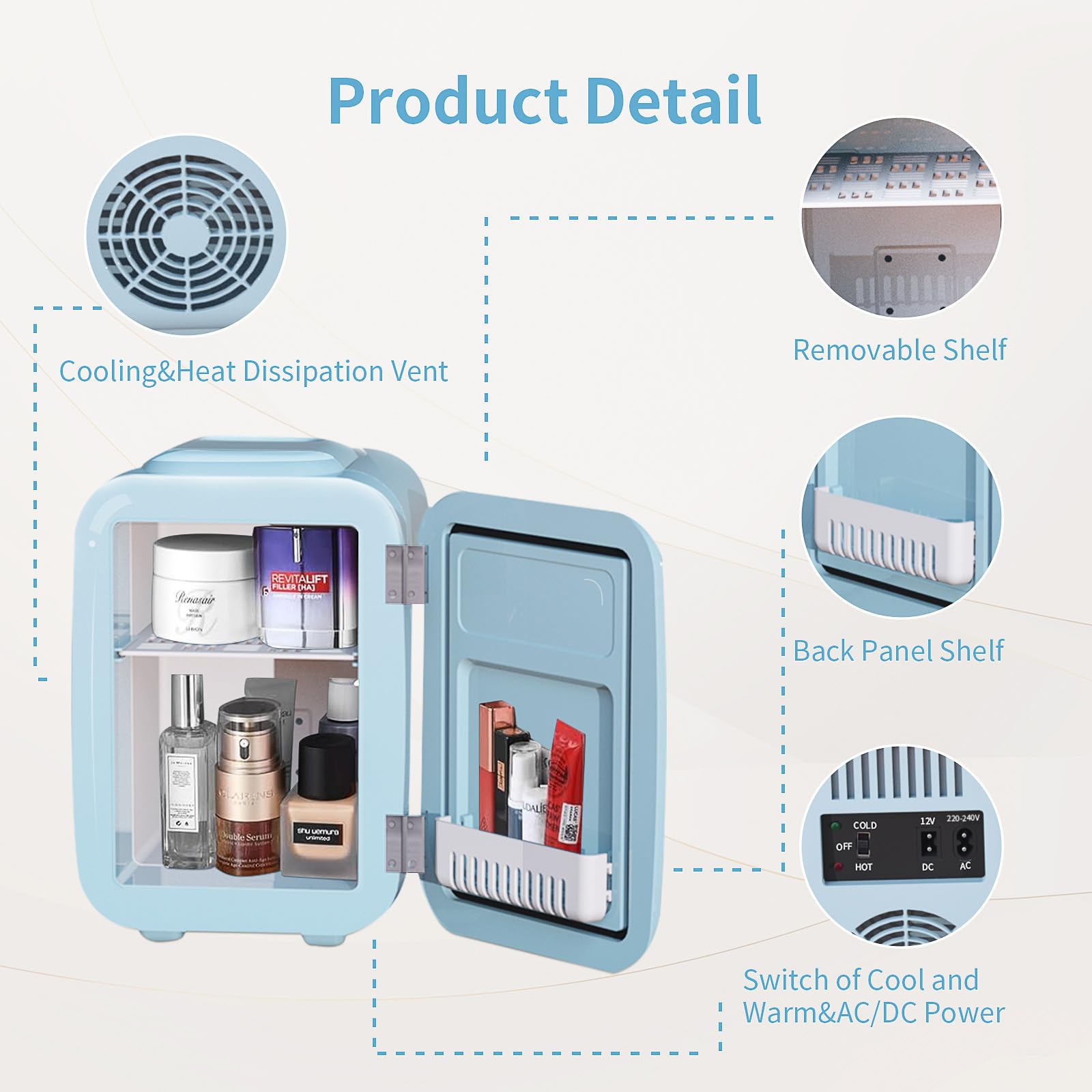 YASHE Mini Fridge for Bedroom, 4 Liter/6 Cans Small Fridge, AC/DC Thermoelectric Cooler and Warmer Mini Fridge for Drink Office Dorm Car, Blue