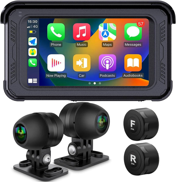 Waterproof Motorcycle Dash Cam with Wireless CarPlay & Android Auto, 5'' IPS Touch Screen, Front and Rear Camera HD 1080P, TPMS, Bluetooth, Wi-Fi, GPS, Max up to 256GB