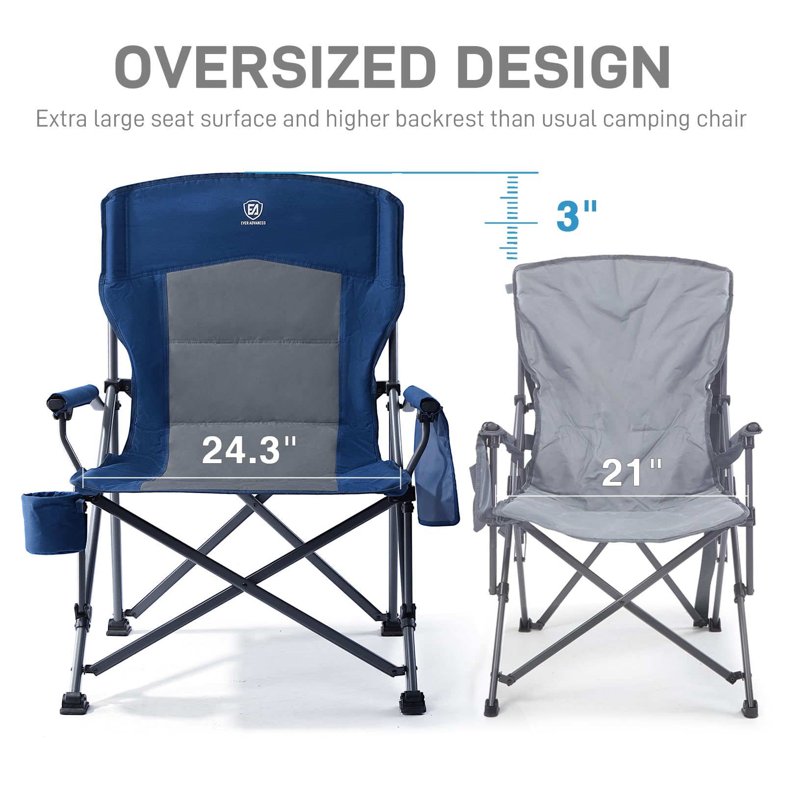 EVER ADVANCED Camping Chair for Adults Oversized 230KG, Folding Chair for Heavy People with Side Pocket, Heavy Duty Extra Wide with Hard Armrest Foldable Garden Fishing Outdoor Fold up