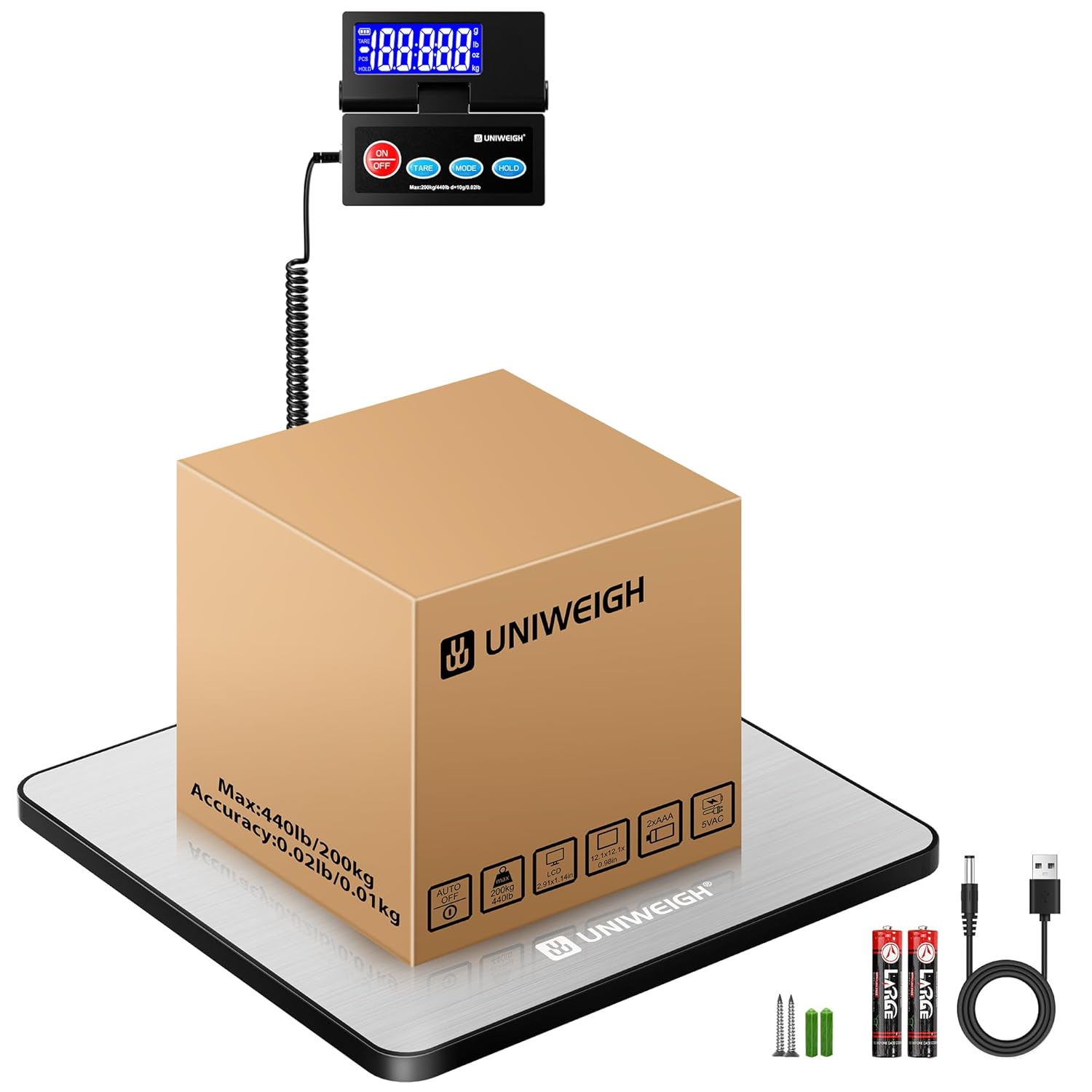 UNIWEIGH Shipping Postal Scale,440lb/10g Accuracy Commercial Weight Scale with Durable Stainless Steel Large Platform,Heavy Duty Postage Scale for Package,Luggage,Mail,Warehouse,Small Business,Home