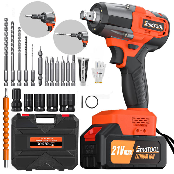 Cordless Impact Wrench,1/2" Brushless Power Impact Gun,2500RPM Electric Wrench, Max Torque 550N.m with 4 Sockets, 12PCS Screwdriver Bits, 4.0Ah Battery & Carry Box for Car Home