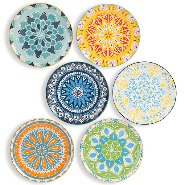 AHX Dinner Plates - Porcelain Dessert Plate - Set of 6 Multi-Coloured Salad Plates | Fruit | Appetizers | Breakfast - 8"