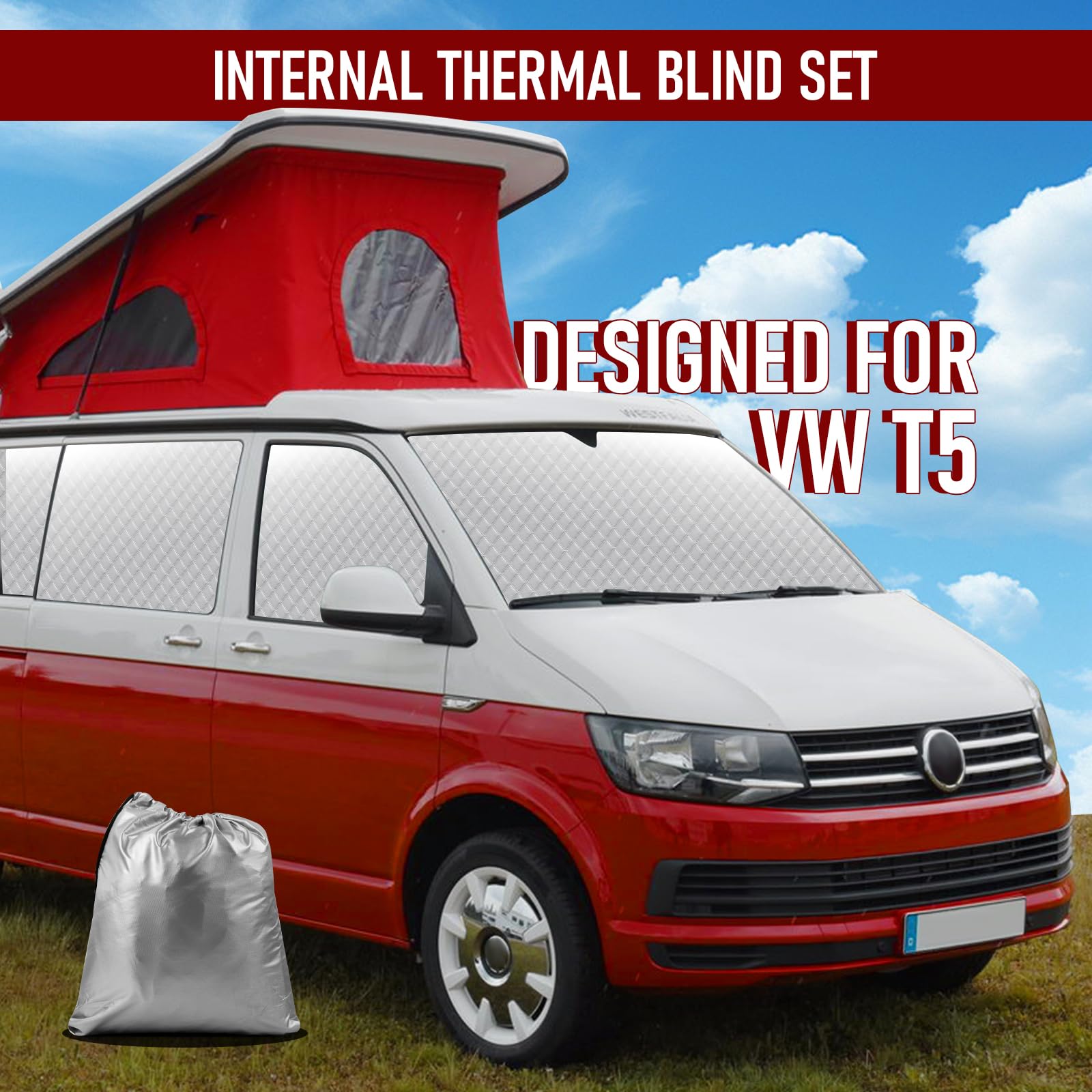 MaxAwe 8Pcs Internal Thermal Blind Set Fits for VW T5/T6 LWB, Luxury Sunshade Wrap Cover Kit, Window Front Screen Cover, Summer Uv Sun Blind & Winter Insulation Cover for VW Campervans & Motorhome