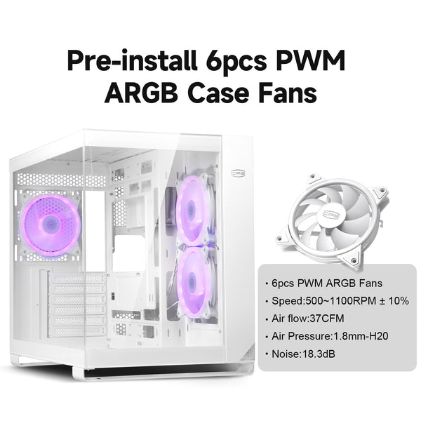 PCCOOLER CPS C3T500 AIRFLOW Mid-Tower ATX/M-ATX/ITX Case, Pre-installed 6 120mm PWM ARGB Fans,Column-Free Design,270° Full View Tempered Glass,360MM Radiator&400MM GPU Support,Easy Installation,WH