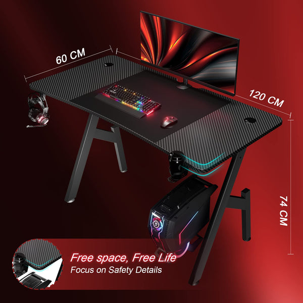 DLONGONE Gaming Desk 120 x 60cm, Computer Gaming Desk, Gaming PC Desk for Home Office, A Shaped Gaming Table with Cup Holder and Headphone Hook,