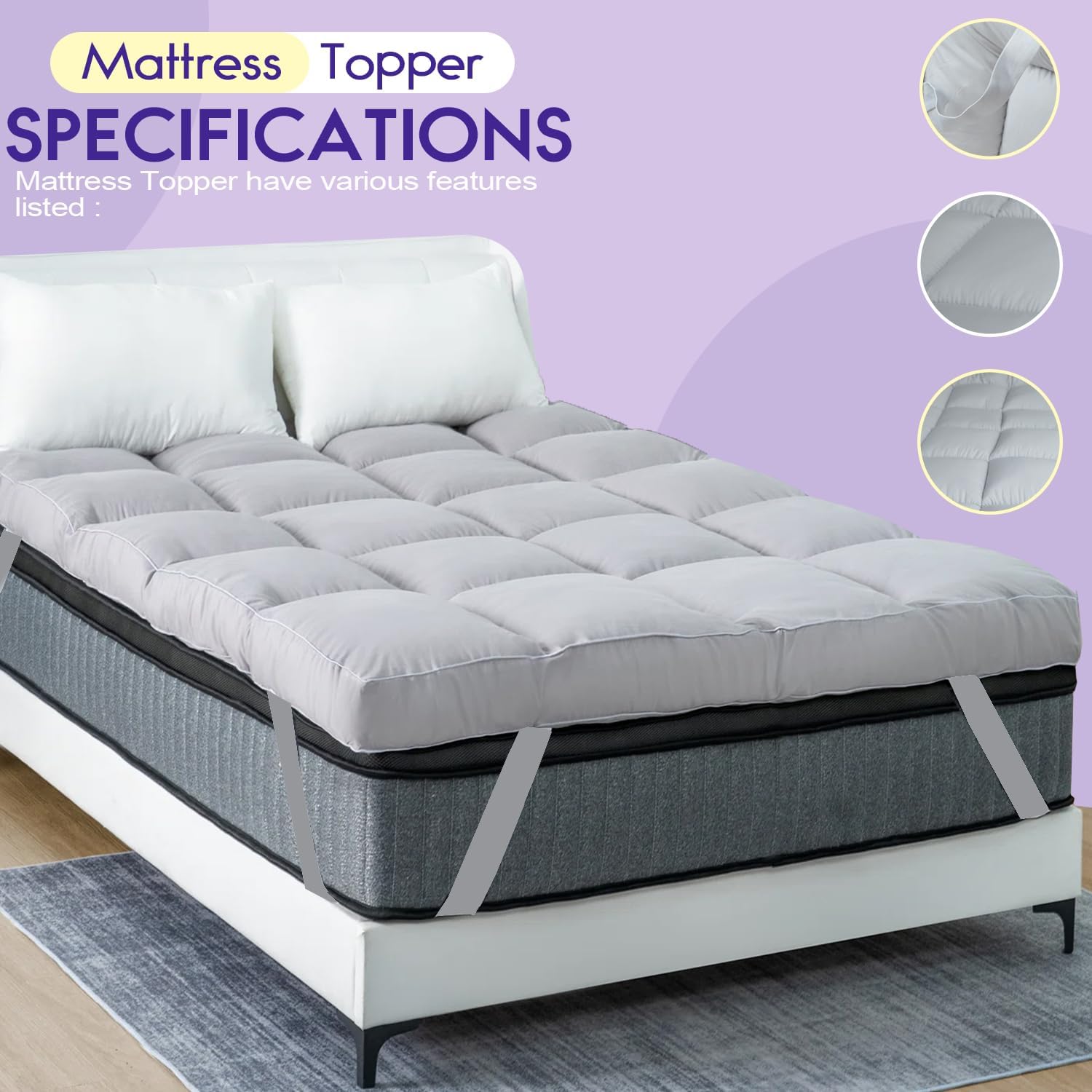 Mattress Topper Double Bed - 10CM Extra Thick Double Mattress Topper - 1000GSM Filling Fiber - Luxurious Comfort, Hypoallergenic, Elastic Straps Deep Pocket Thick