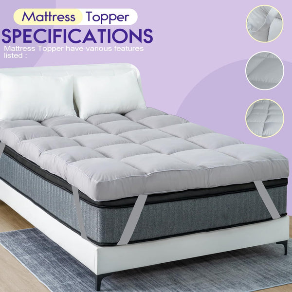 Mattress Topper Double Bed - 10CM Extra Thick Double Mattress Topper - 1000GSM Filling Fiber - Luxurious Comfort, Hypoallergenic, Elastic Straps Deep Pocket Thick